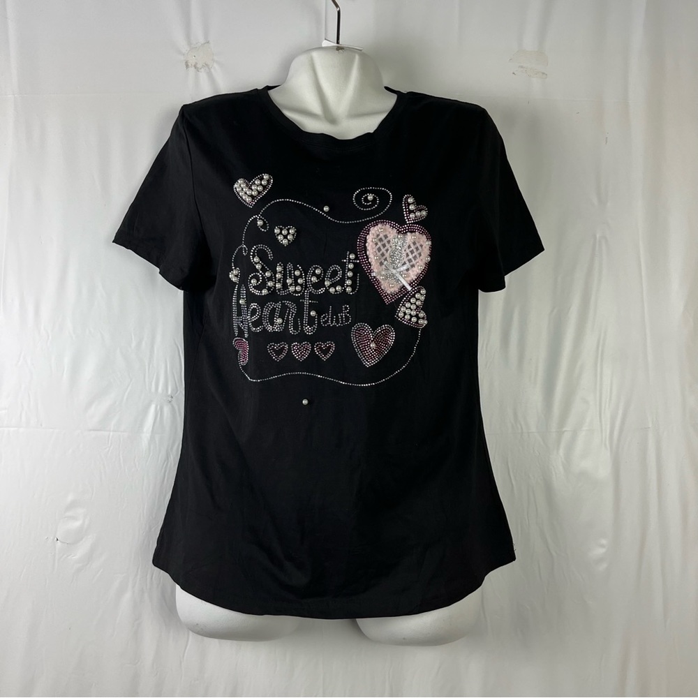 Women's Rhinestone Fitted short sleeve stretch black blouse size large - Picture 1 of 11